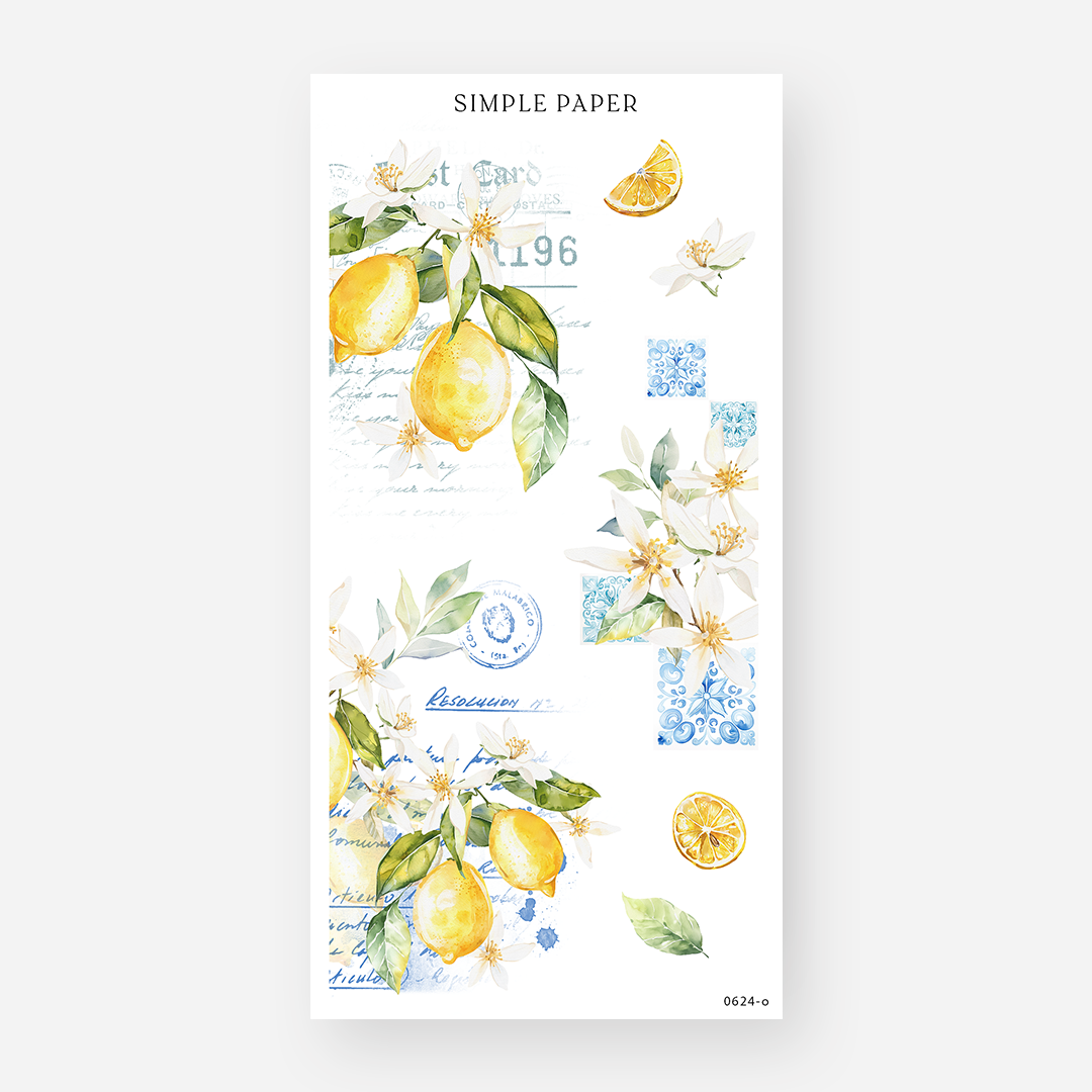 Lemon sticker sheet with white citrus blossoms, blue stamps, and vintage handwriting accents