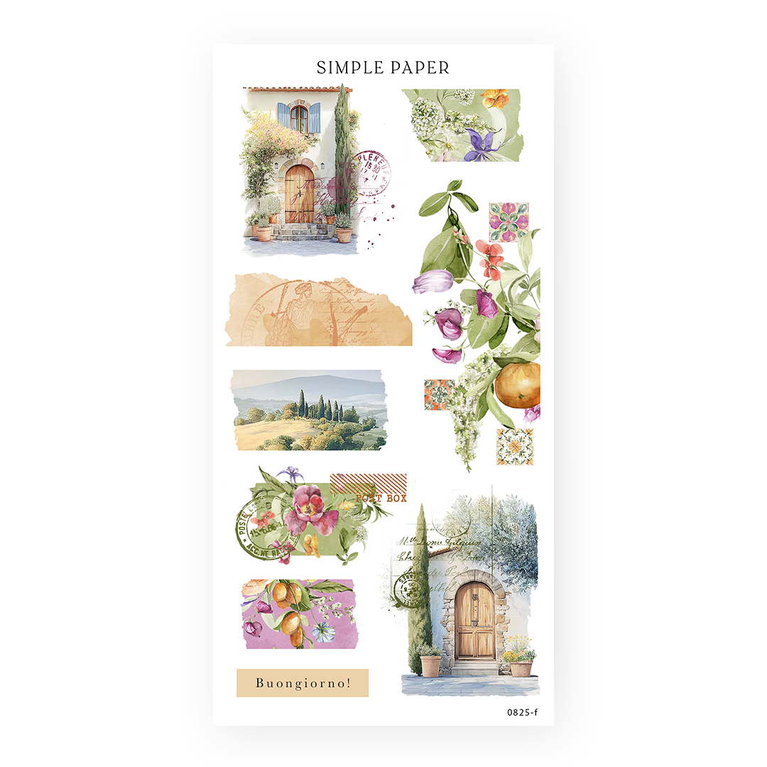 Letters From Tuscany – Watercolor doors, Tuscan hills, and vintage postcard ephemera