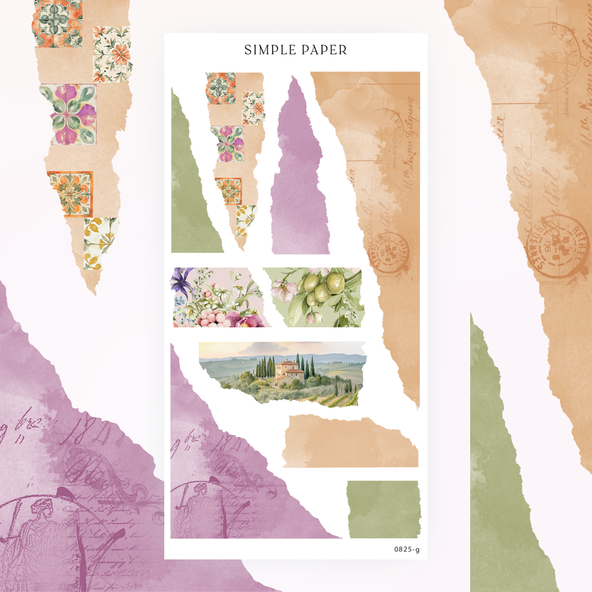 Letters From Tuscany – Textured journaling pieces featuring torn edges, map fragments, and layered illustrations