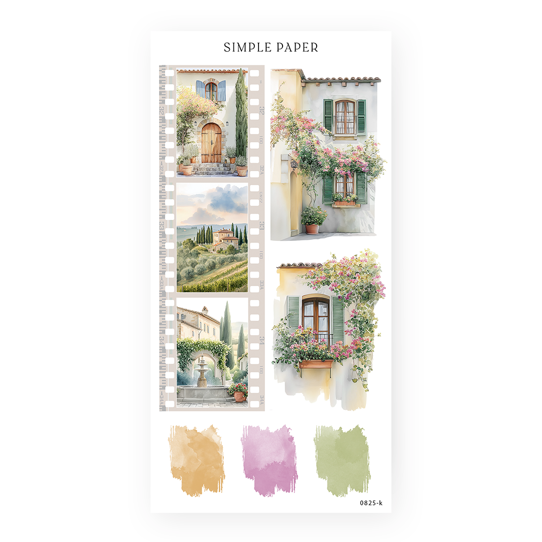 Letters From Tuscany – Villa windows, fountains, and floral balconies in soft watercolor