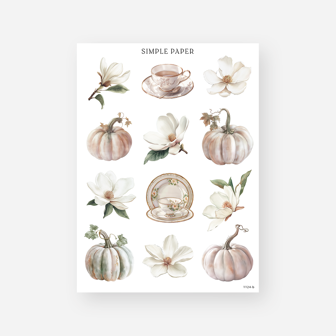 Sheet of decorative stickers with magnolia flowers, pumpkins, and tea sets on a white background