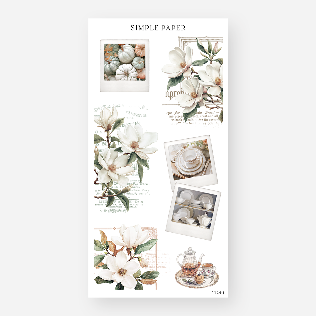 Sheet of decorative stickers with magnolia flowers, tea sets, and vintage Polaroid frames on a white background