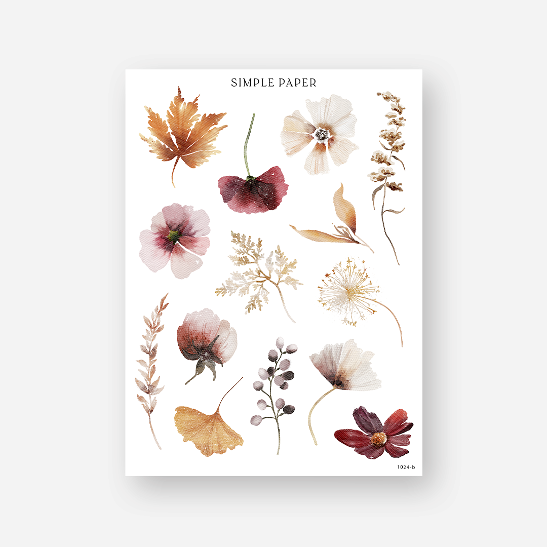A sheet of decorative stickers with various designs including flowers, leaves, and other autumn-themed motifs, labeled 'Simple Paper' and 'October - Sheet B'.