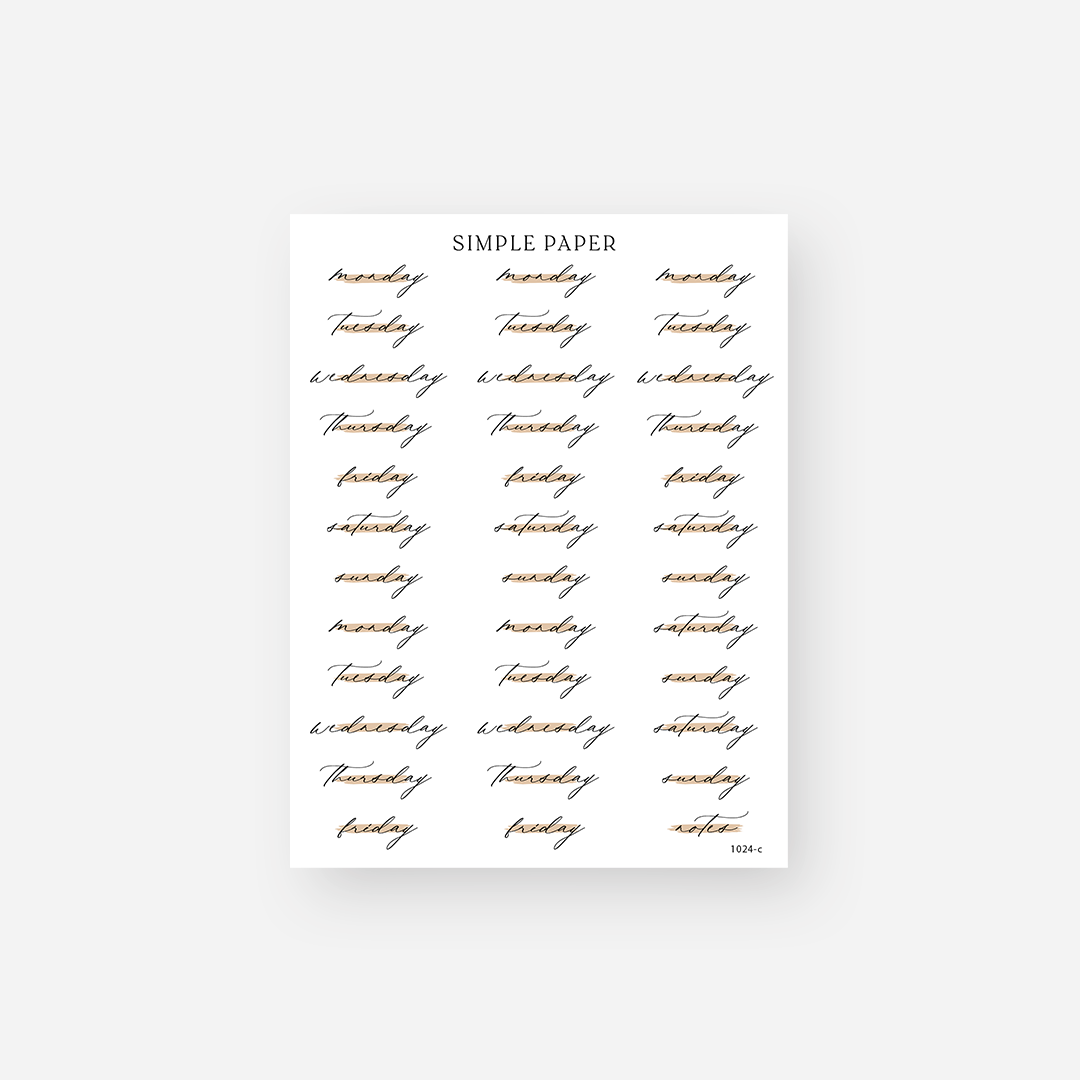 Functional sticker sheet with weekday labels in cursive script, perfect for planners, journals, and weekly spreads.