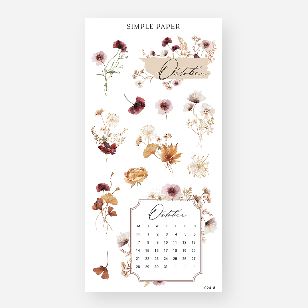 Sheet of journaling stickers with October calendar and cozy botanical illustrations in warm autumn tones on a white background