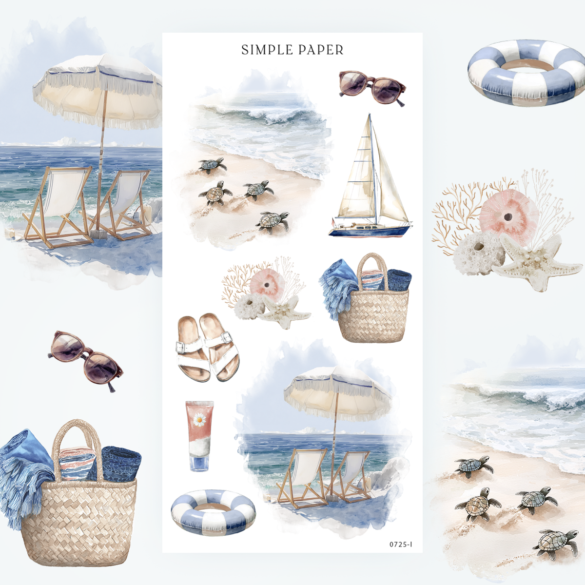 Beach day stickers with baby sea turtles, striped umbrellas, coastal bags, and seashells—perfect for summer journaling spreads