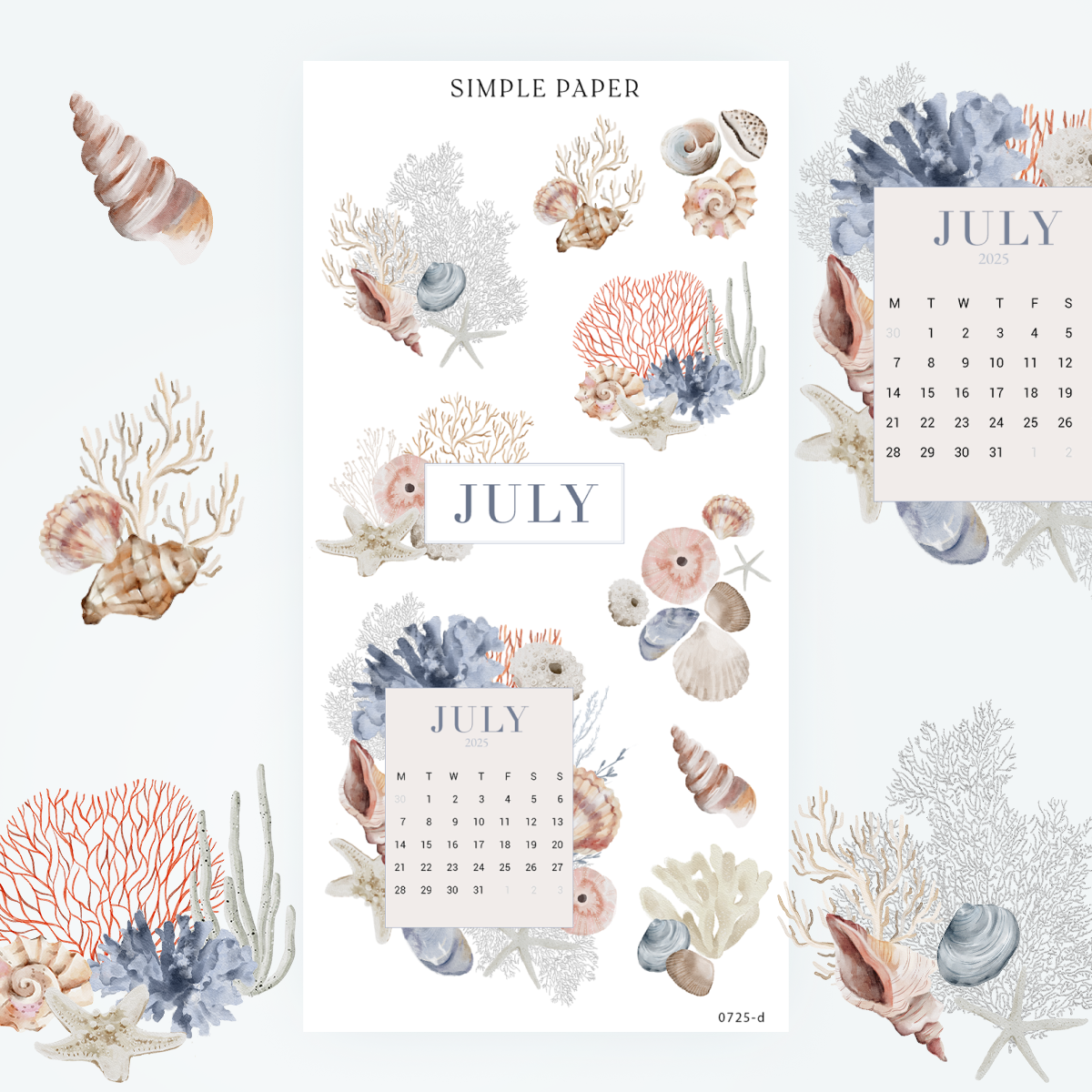 Coastal calendar kit cover—July journaling stickers with shells, coral, and soft ocean blues for summer-themed planners