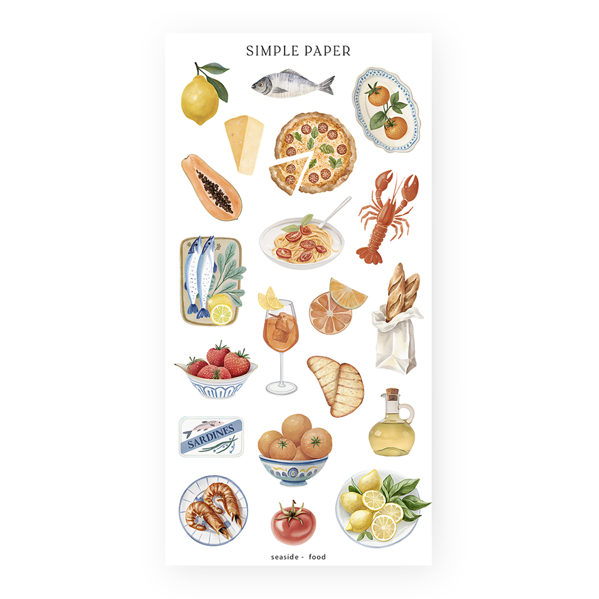 Mediterranean food illustrations—lemons, seafood, bread, pasta, and tomatoes—perfect for recipe journals, travel pages, and coastal-themed spreads