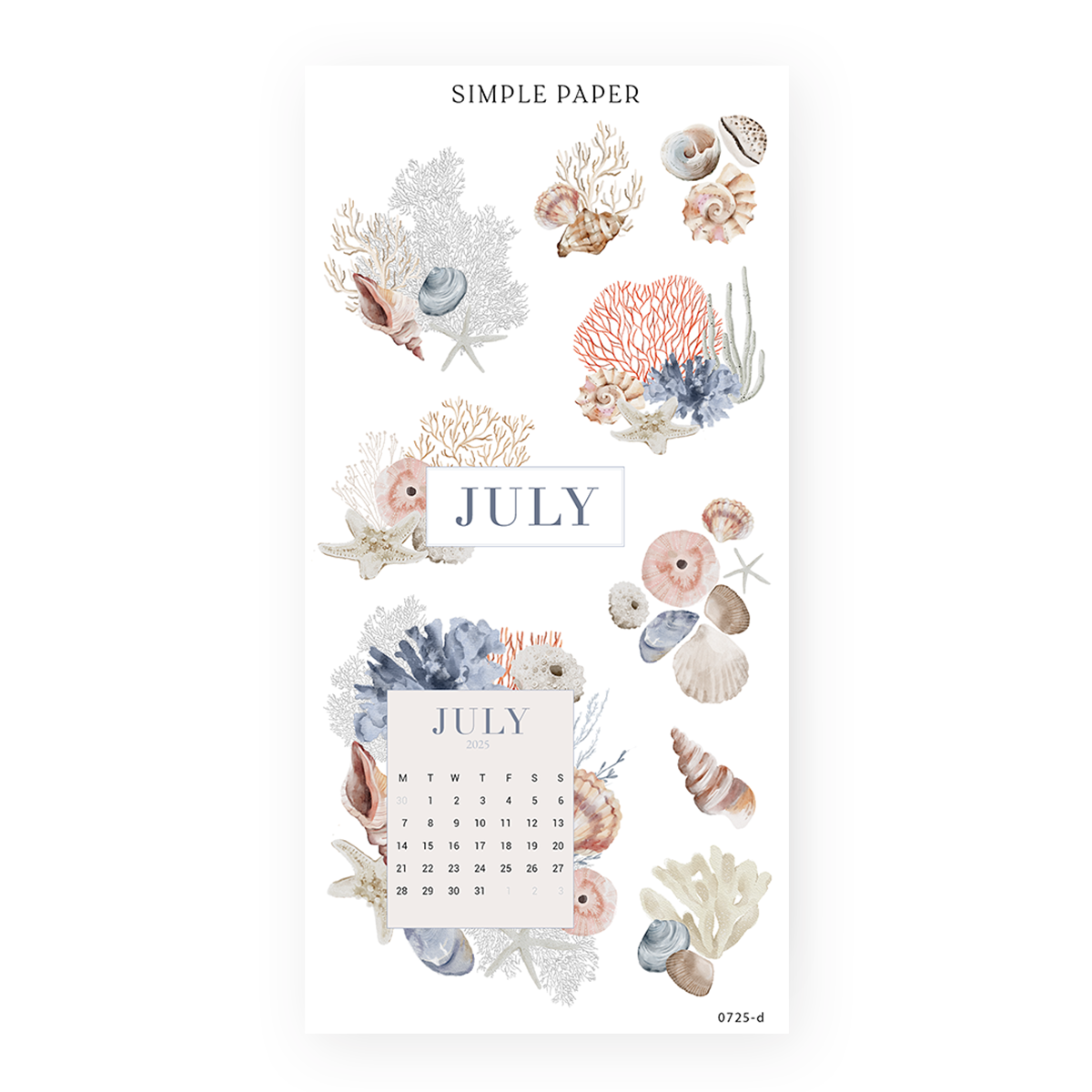 July 2025 mini calendar, seashell clusters, ocean botanicals, and coral details—perfect for dashboards, memory spreads, and seasonal journaling setups
