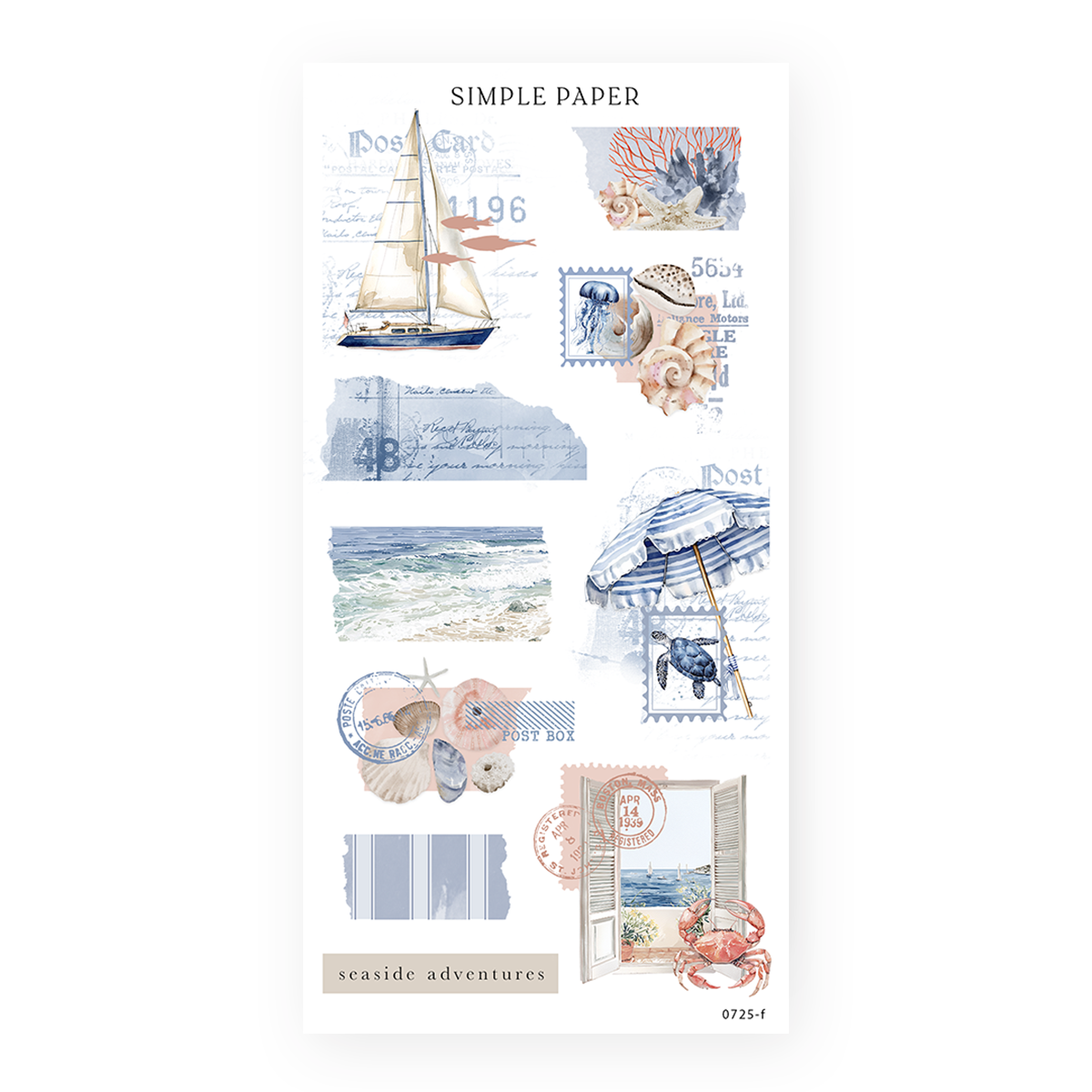 Vintage nautical ephemera—sailboat, seaside stamps, handwritten postcards, and coastal collage icons—perfect for travel journaling and storybook-style spreads