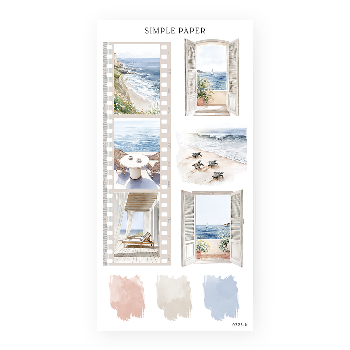 Coastal filmstrip frames, open window views, sea turtles, and watercolor swatches—ideal for scenic journaling, memory pages, and calm storytelling layouts