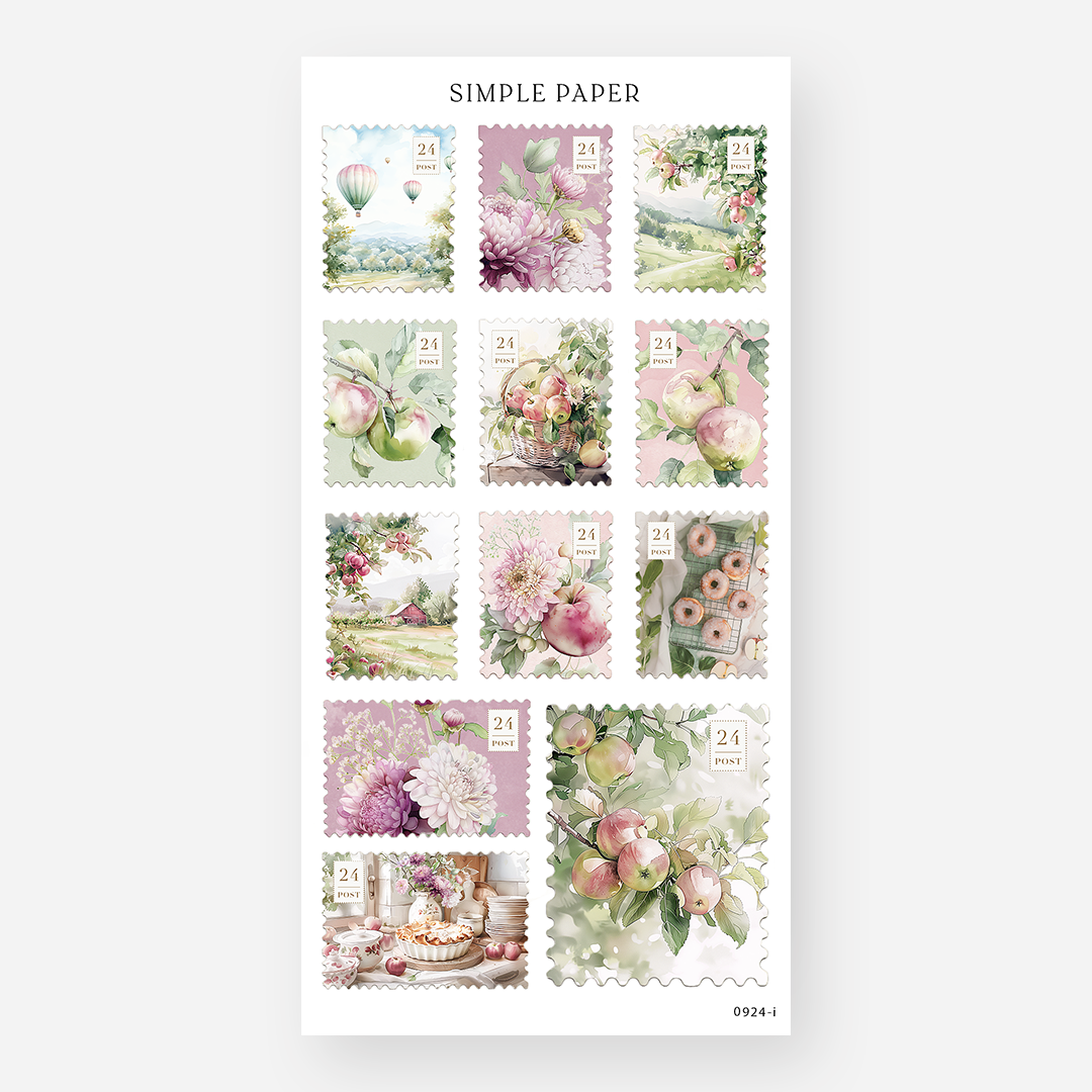 Sheet of decorative stickers with vintage postage-style designs featuring apples, flowers, and cozy orchard scenes on a white background
