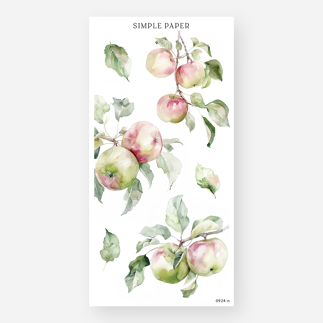 Sheet of decorative stickers with apple branches and watercolor leaves on a white background