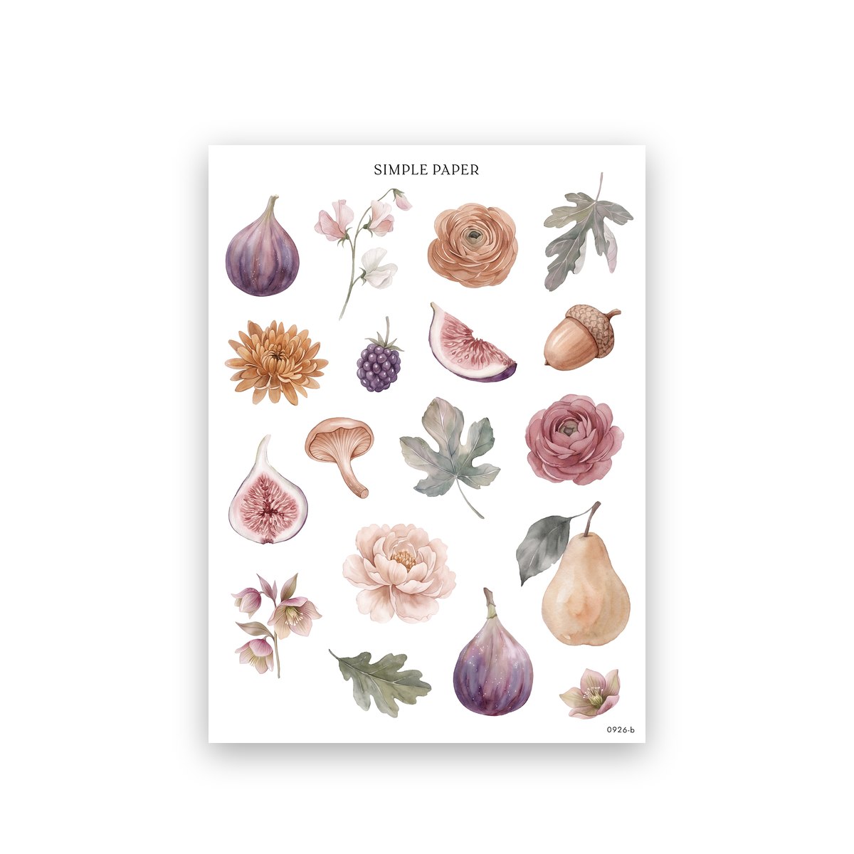 Autumn Living Sheet B sticker sheet: single watercolor figs, pears, ranunculus, peonies and oak leaves