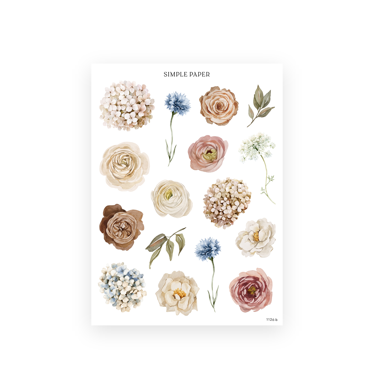 Single watercolor roses, ranunculus, hydrangeas, blue cornflowers, Queen Anne's lace and sage leaves on a sticker sheet