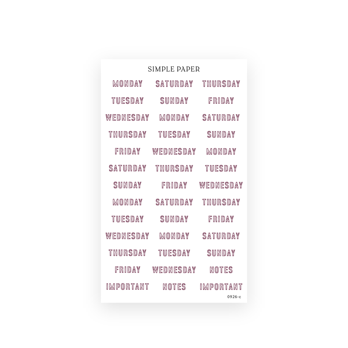 Autumn Living Sheet C sticker sheet: Monday to Sunday word stickers with Notes and Important labels in mauve serif