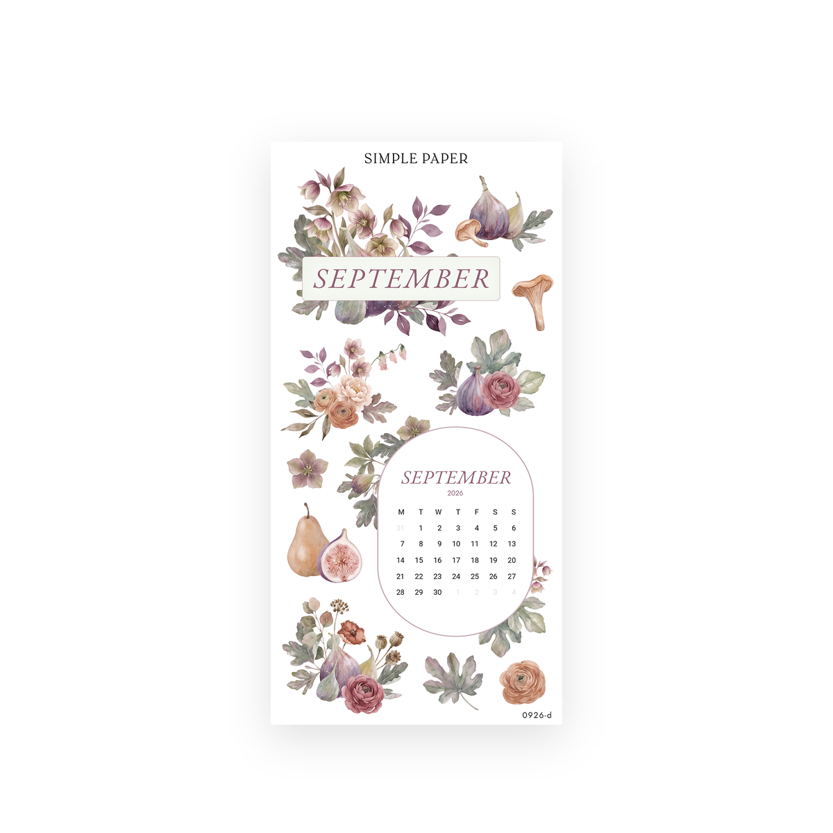 Autumn Living Sheet D sticker sheet: September 2026 mini calendar, September header, watercolor figs, pears and roses