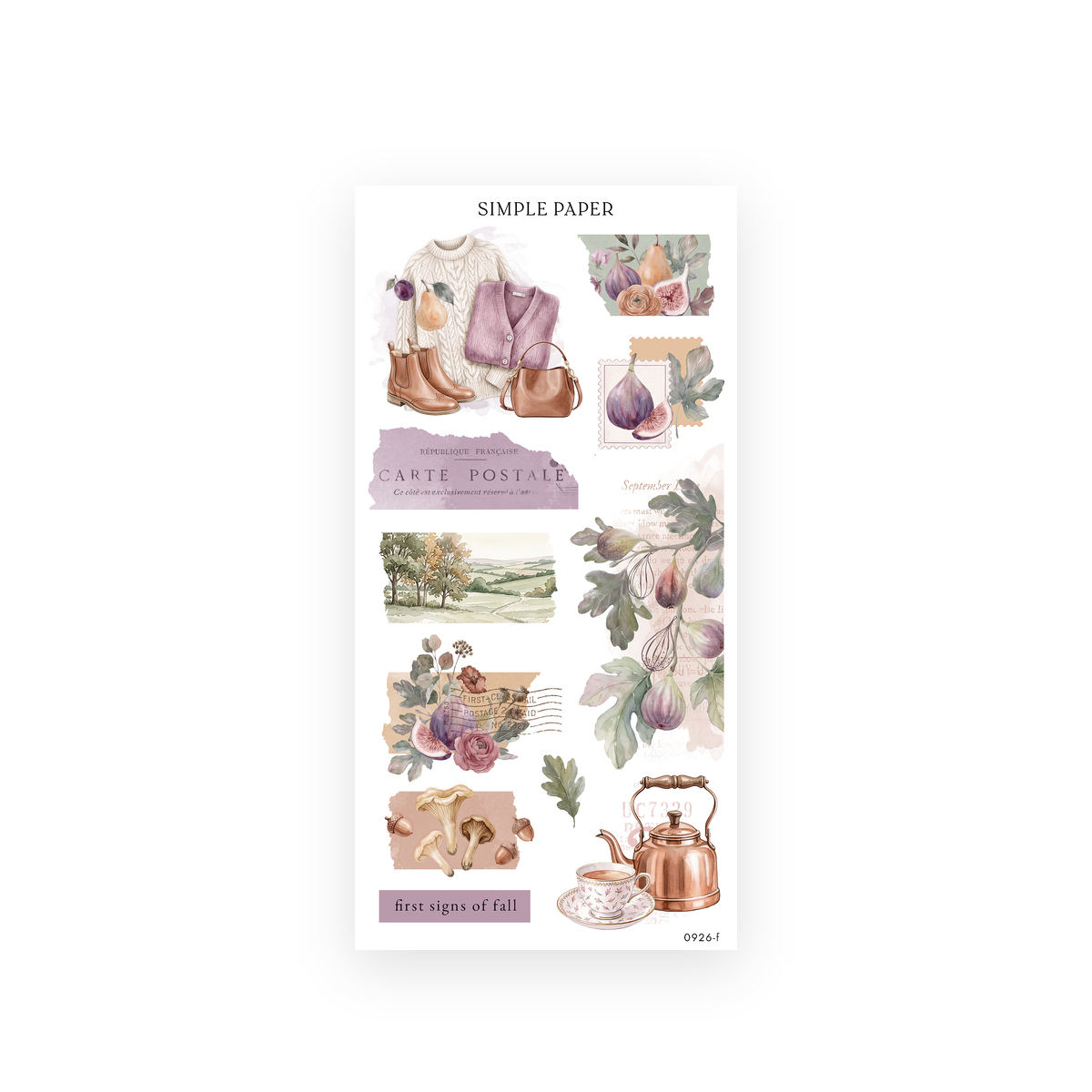 Autumn Living Sheet F sticker sheet: watercolor cardigans, ankle boots, figs, pears, postcard stamp and floral teacup