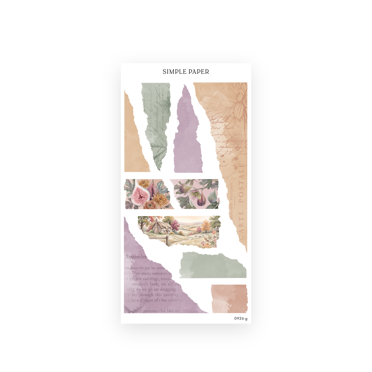 Autumn Living Sheet G sticker sheet: torn-paper strips in peach, sage and lavender with cursive script and watercolor figs