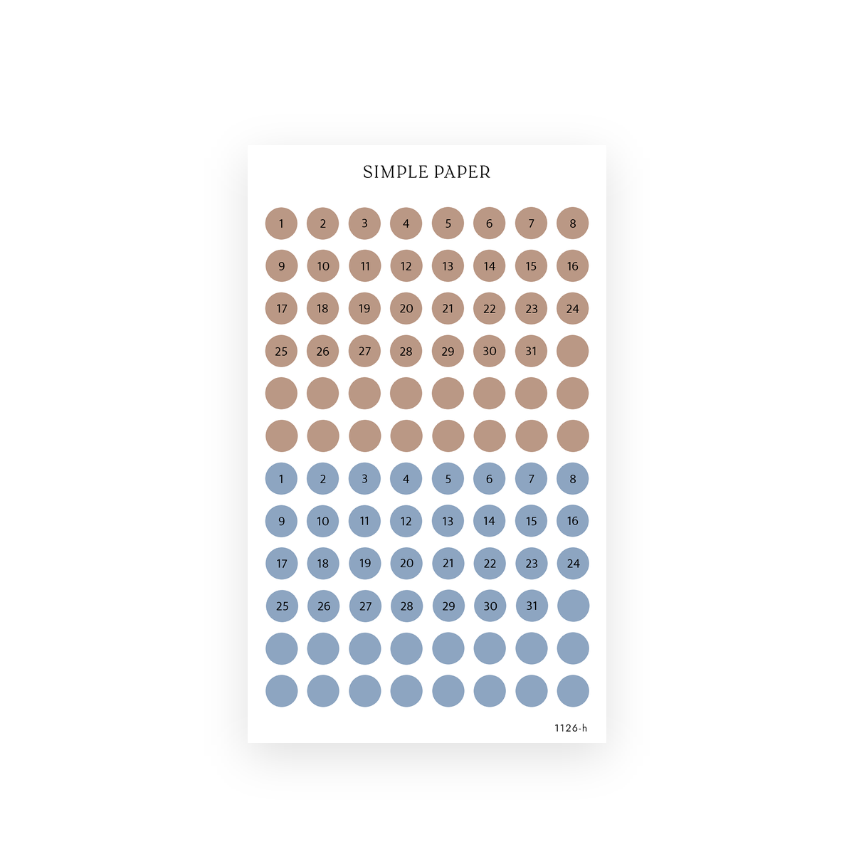 Numbered date dot stickers 1 to 31 in soft tan and dusty blue, with matching blank circles