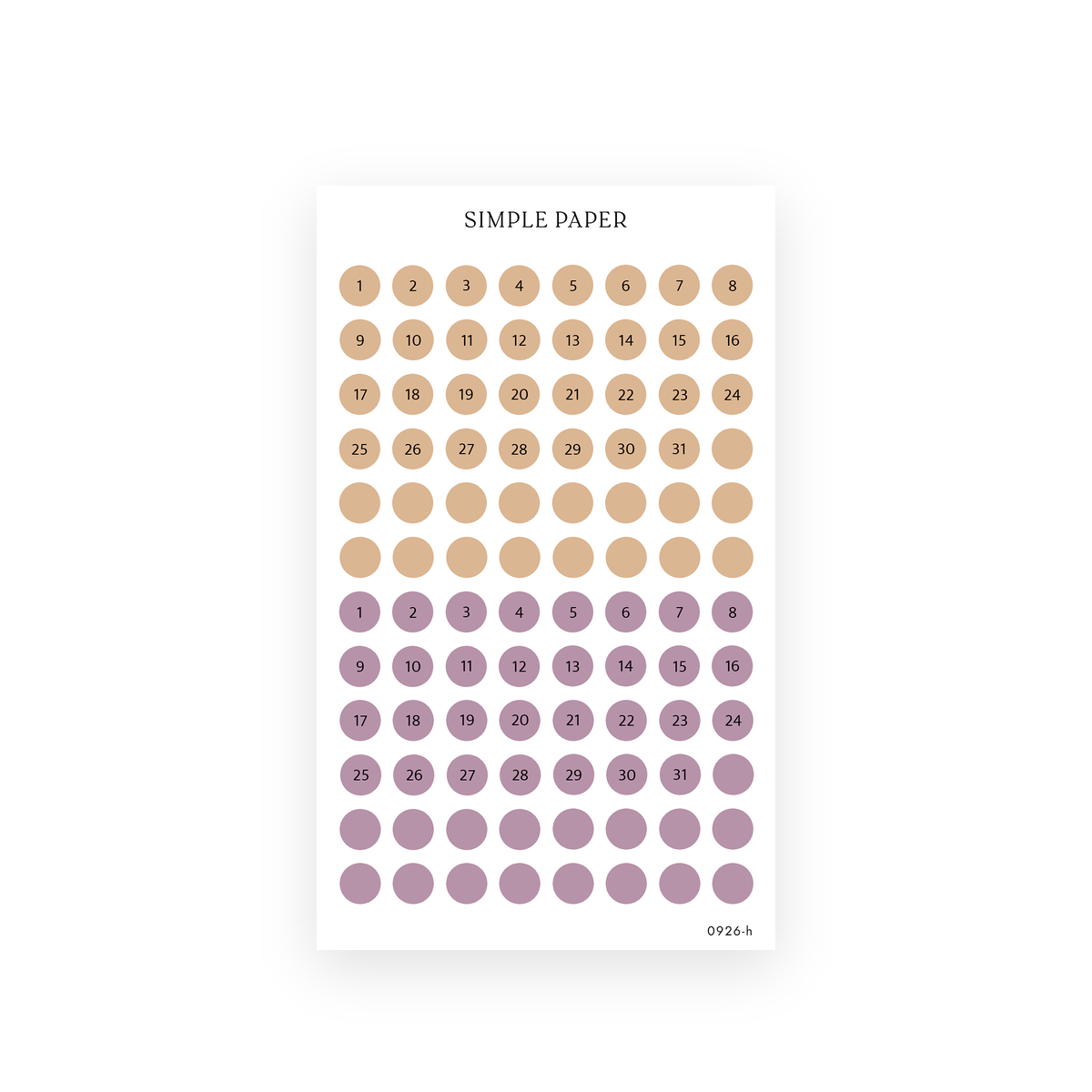 Autumn Living Sheet H sticker sheet: tan and mauve date dot stickers numbered 1 to 31 with blank circles