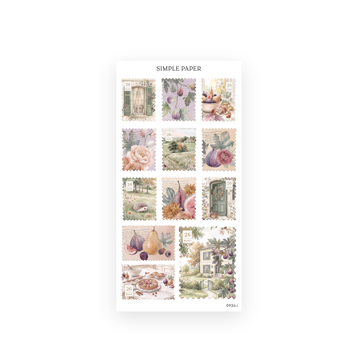 Autumn Living Sheet I sticker sheet: scalloped postage-stamp stickers with a green door, shuttered window, figs, hedgehog