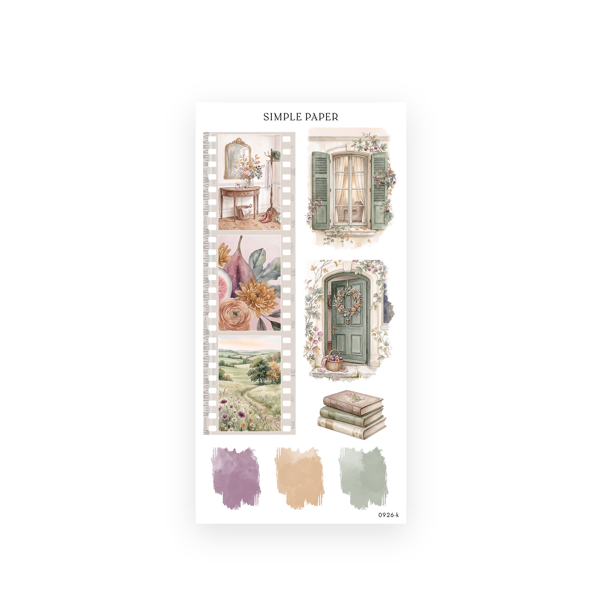 Autumn Living Sheet K sticker sheet: film strip of watercolor rooms, green door with wreath, shuttered window, stacked books
