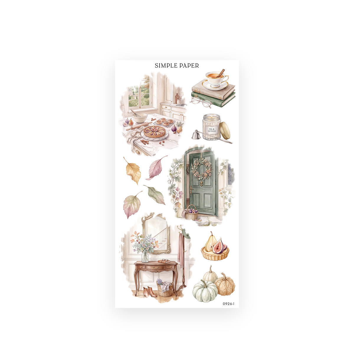 Autumn Living Sheet L sticker sheet: watercolor kitchen scene, fig candle, green door, stacked books and pale pumpkins