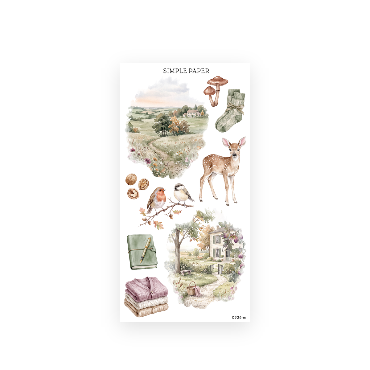 Autumn Living Sheet M sticker sheet: watercolor mushrooms, patterned socks, fawn, walnuts, robin, chickadee, sweaters