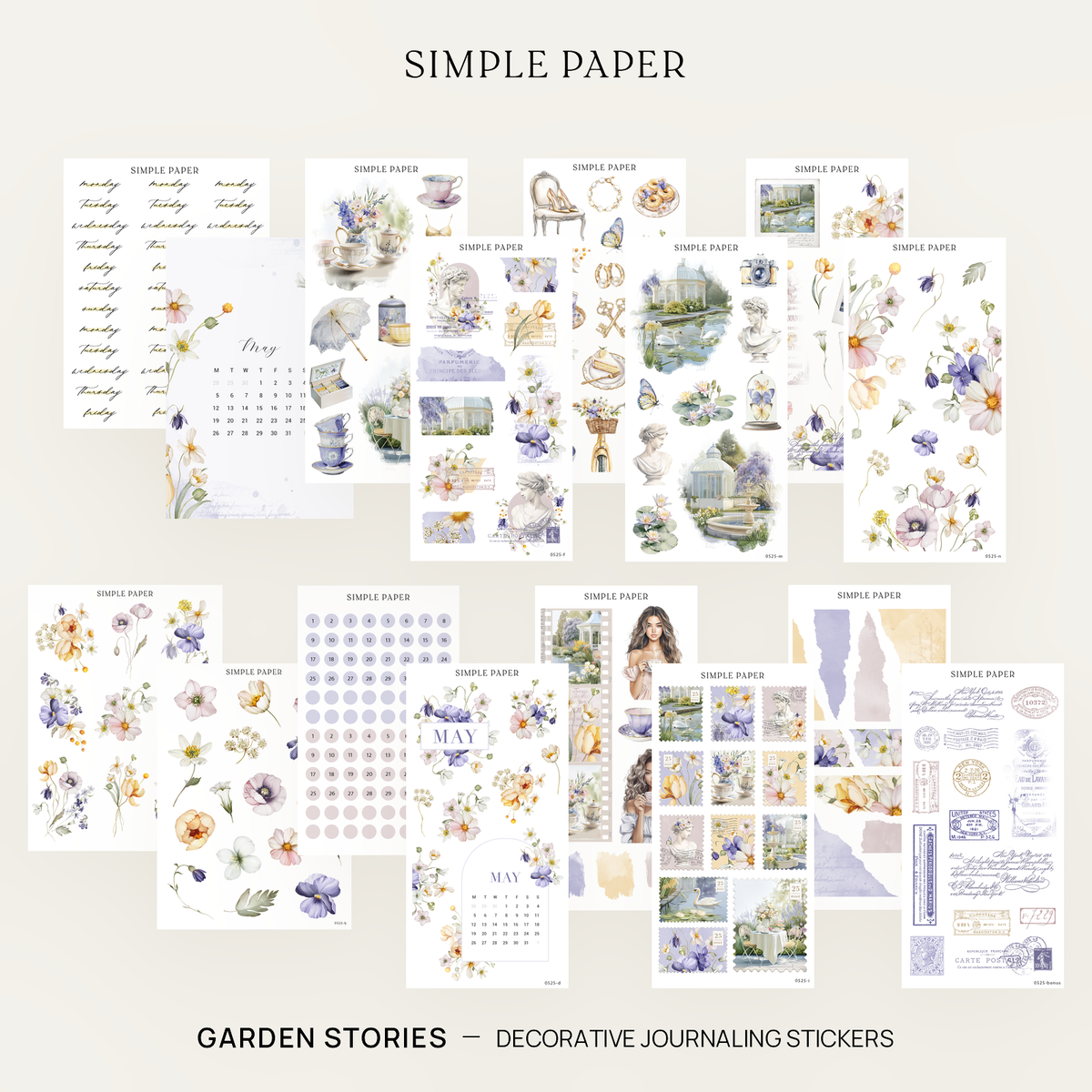 Garden Stories full kit collage of sticker sheets and a May calendar card on a floral backdrop