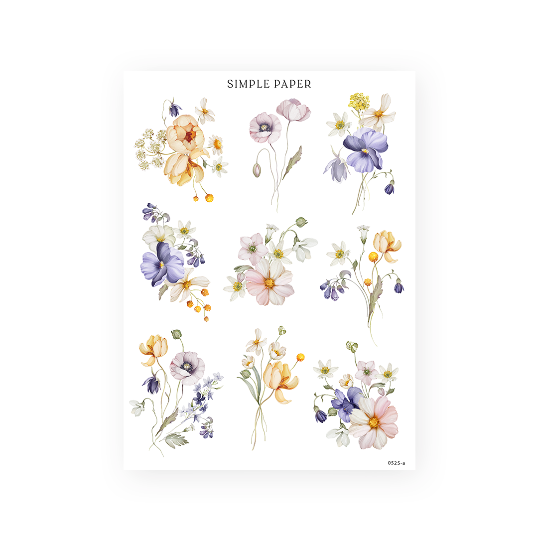 Watercolor sticker sheet of pastel cosmos, daisies, lilies and bellflower bouquets on white background.