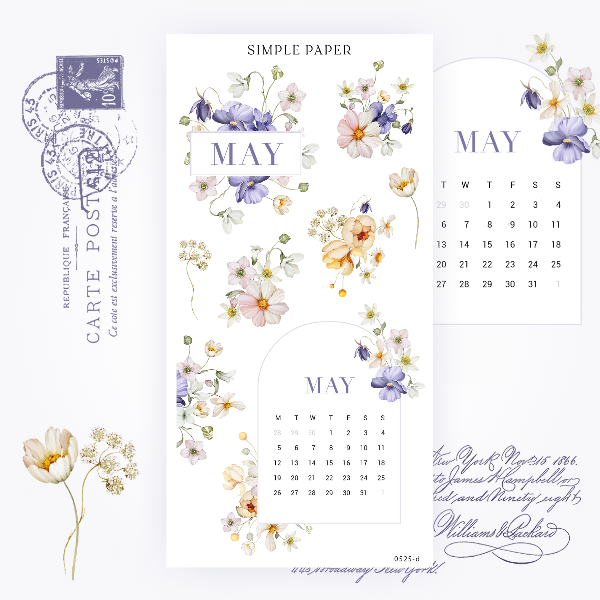 Sticker sheet with floral May calendar, purple pansies, blush cosmos, and yellow ranunculus bouquets.