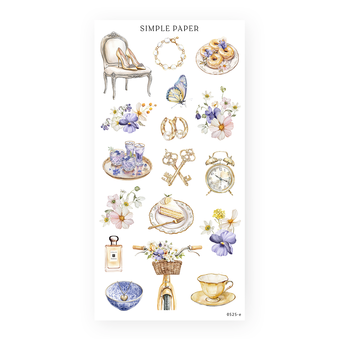 Sticker sheet of vintage chair, heels, pearl bracelet, pastries, butterfly, bicycle with flowers, gold keys, clock, tea cup, florals.