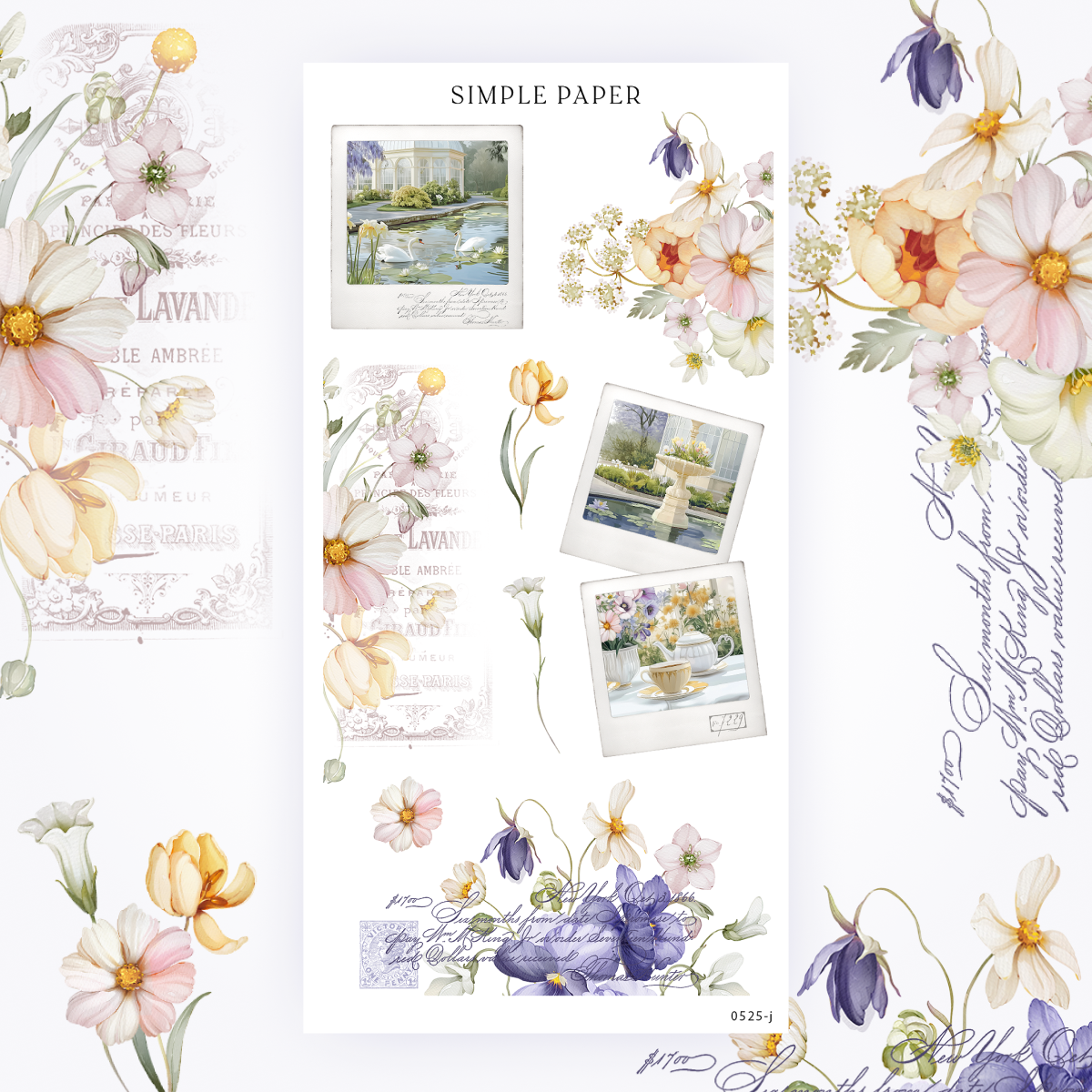 Sticker sheet of Polaroid garden photos, swans, fountain, tea scene, pastel florals, vintage script and postage accents.