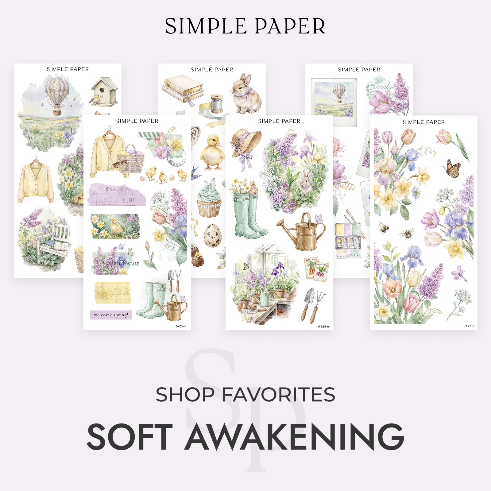 Soft Awakening spring sticker bundle featuring watercolor tulips, lilacs, bunny, duckling, garden boots, watering can, and hot air balloon