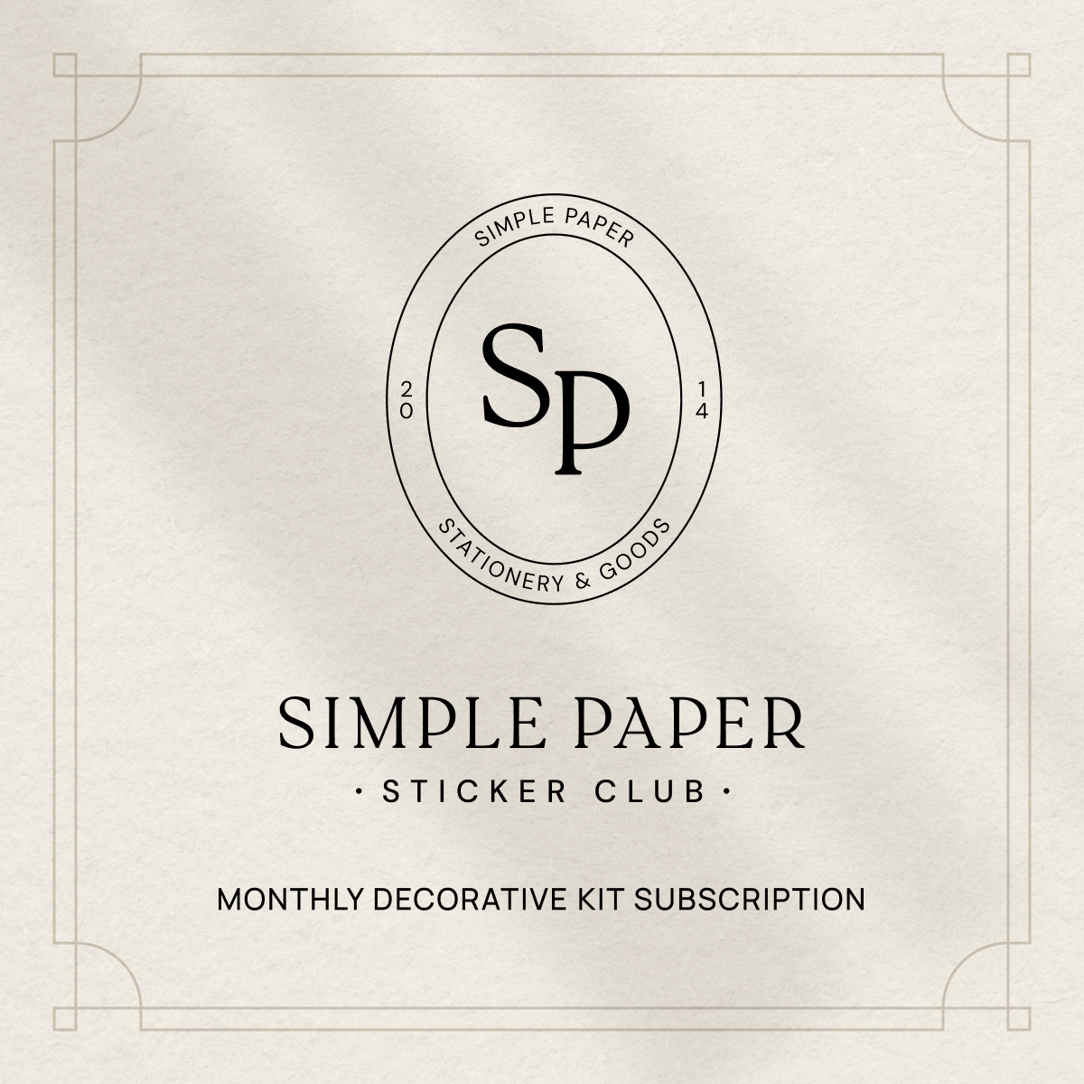Simple Paper stationery logo on a textured paper background with text about a sticker club subscription.