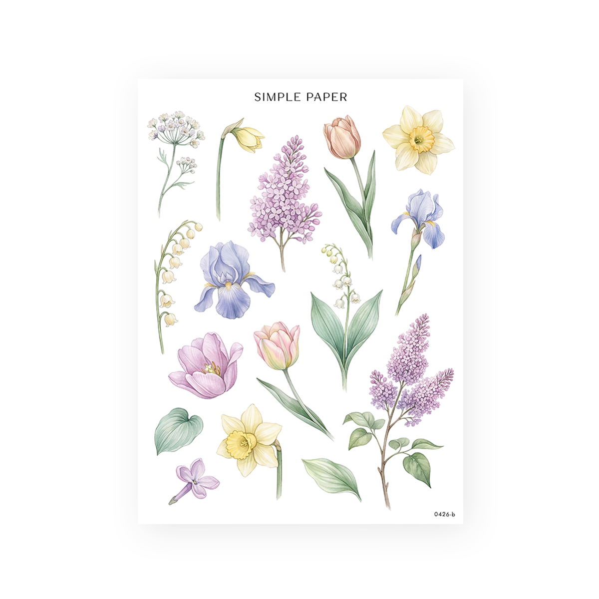 Watercolor spring botanical sticker sheet featuring blue irises, pink and lavender tulips, yellow daffodils, purple lilacs, lily of the valley, a hosta leaf, and a small violet