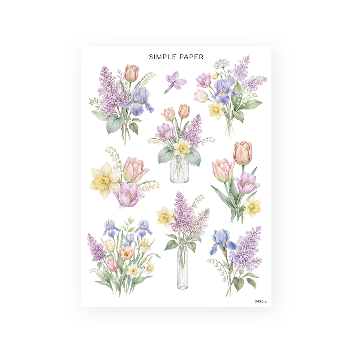 Watercolor spring floral sticker sheet with eight bouquet illustrations including pink tulips, purple lilacs, blue irises, yellow daffodils, and white lily of the valley arranged on a white background