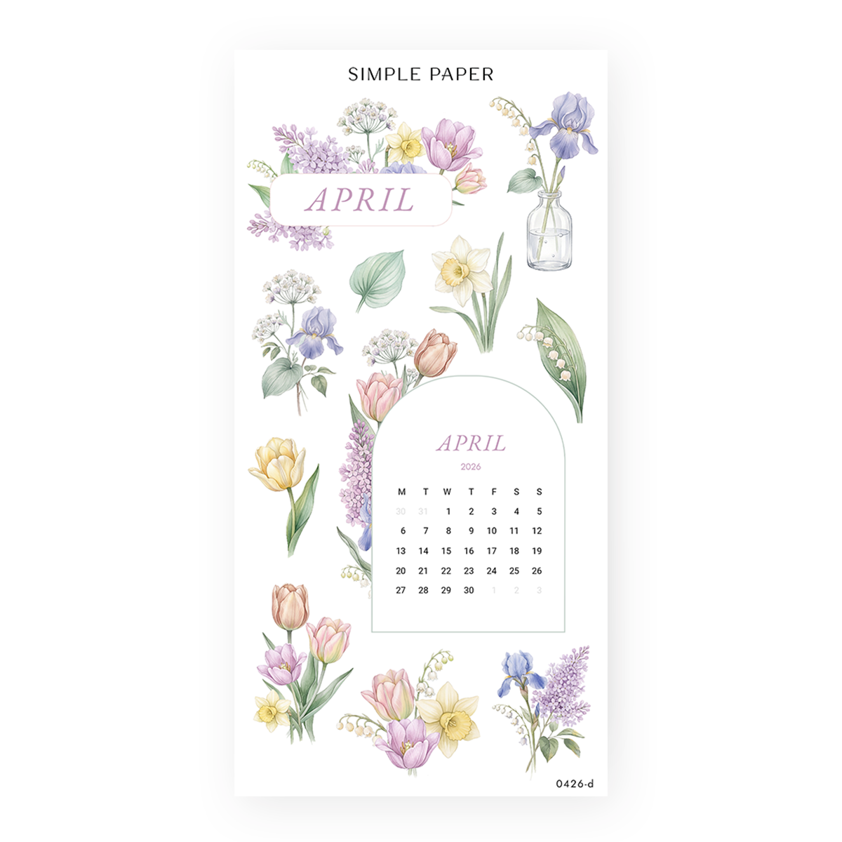 Watercolor spring floral sticker sheet with pink and yellow tulips, purple irises, white daffodils, lilac sprigs, lily of the valley, and an April calendar in soft pastels