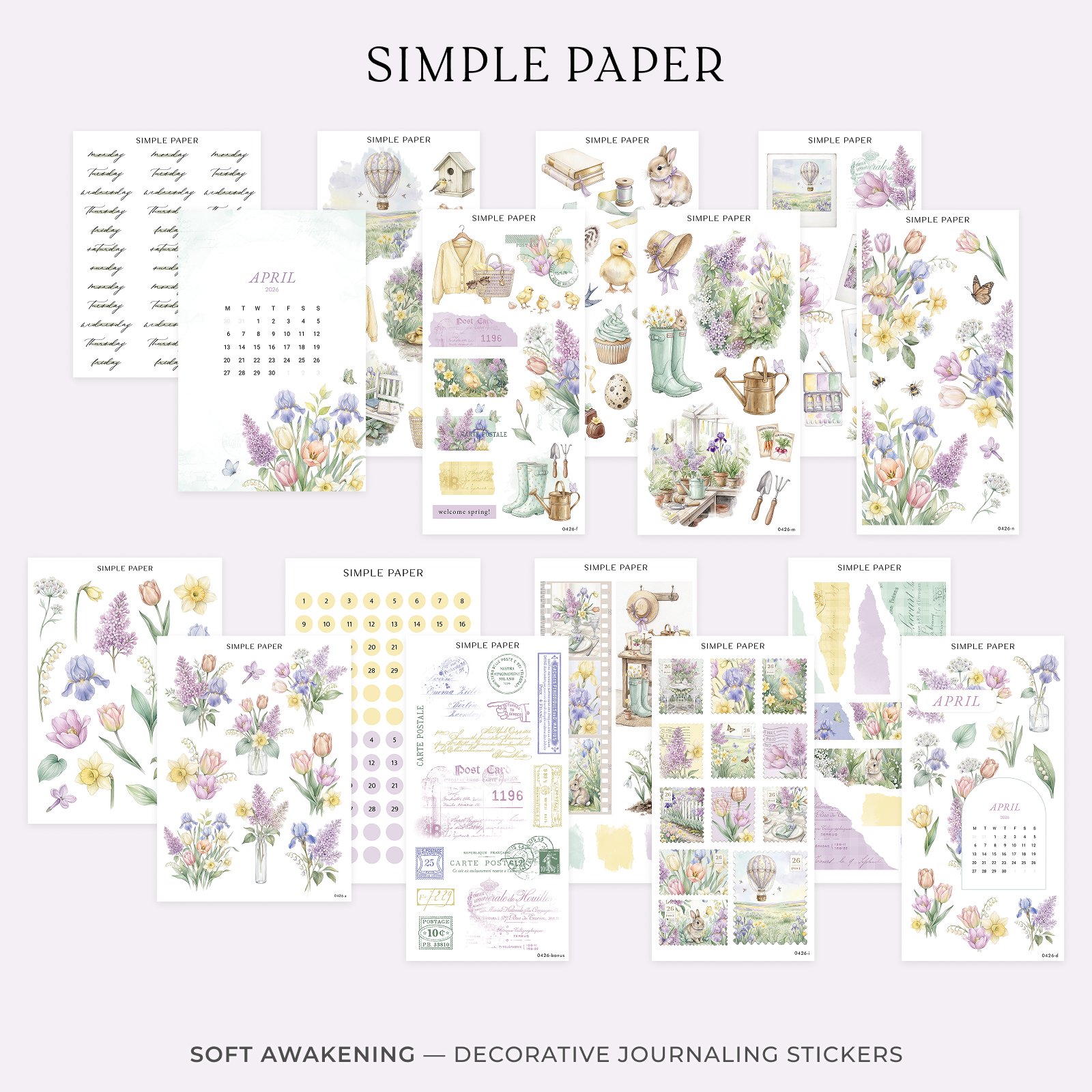 Spring watercolor sticker kit with lilacs, tulips, irises, bunny, duckling, garden boots, watering can, and vintage postcards