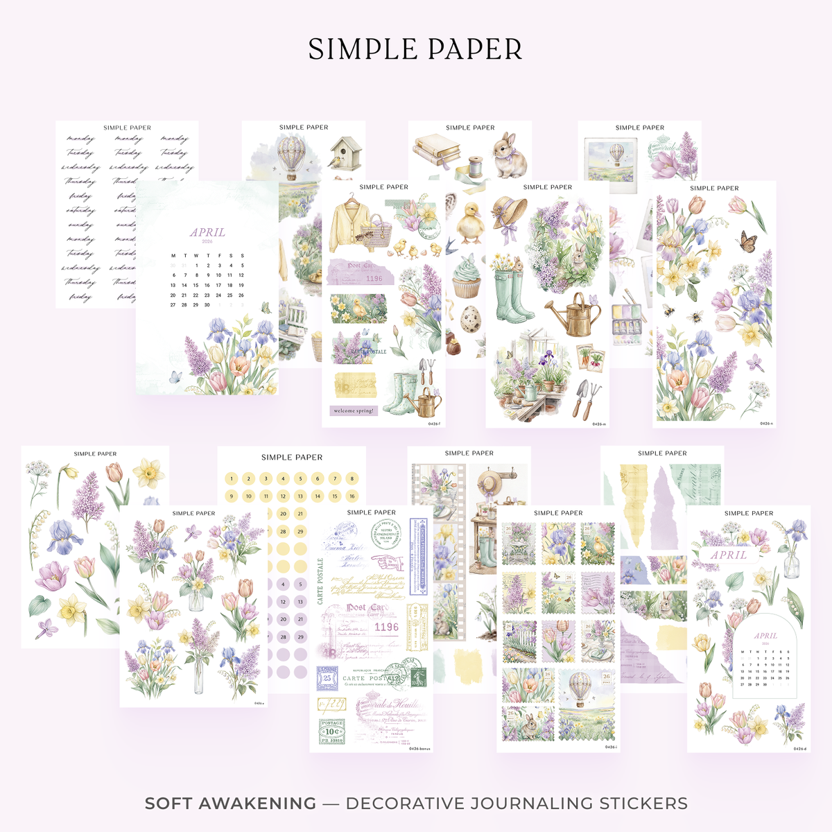 Spring watercolor sticker kit with lilacs, tulips, irises, bunny, duckling, garden boots, watering can, and vintage postcards