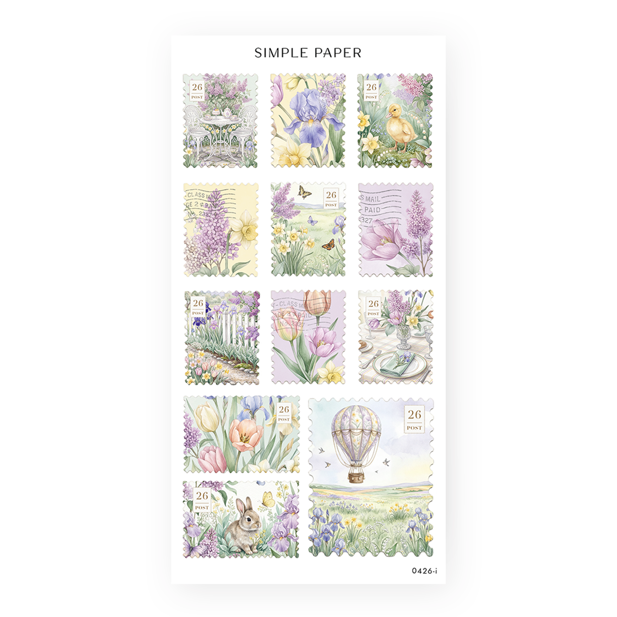 Watercolor postage stamp stickers with lavender irises, pastel tulips, daffodils, a duckling, bunny, and hot air balloon in soft spring colors