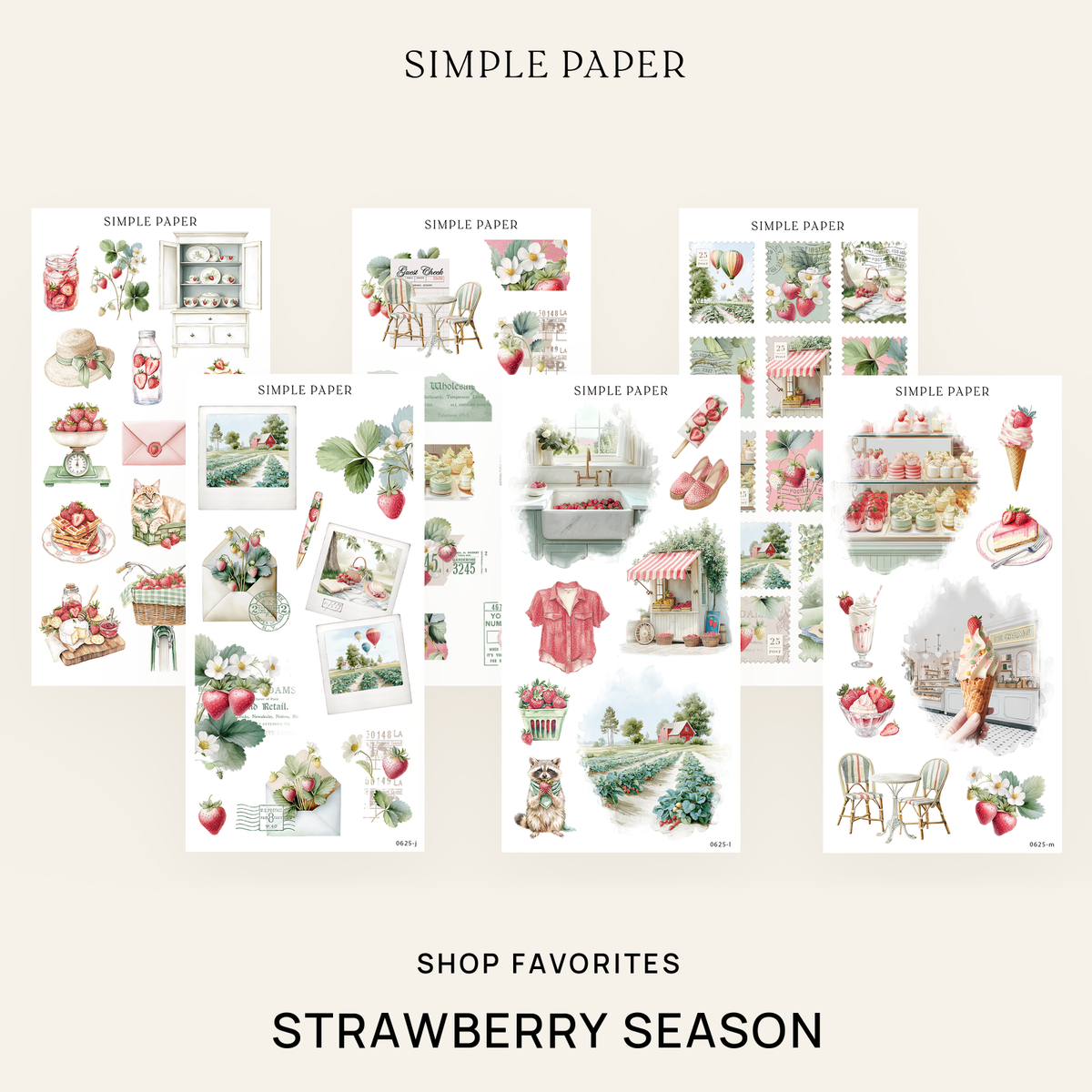 Strawberry Season sticker bundle collage with cottage kitchen, cafe, and ice cream shop art