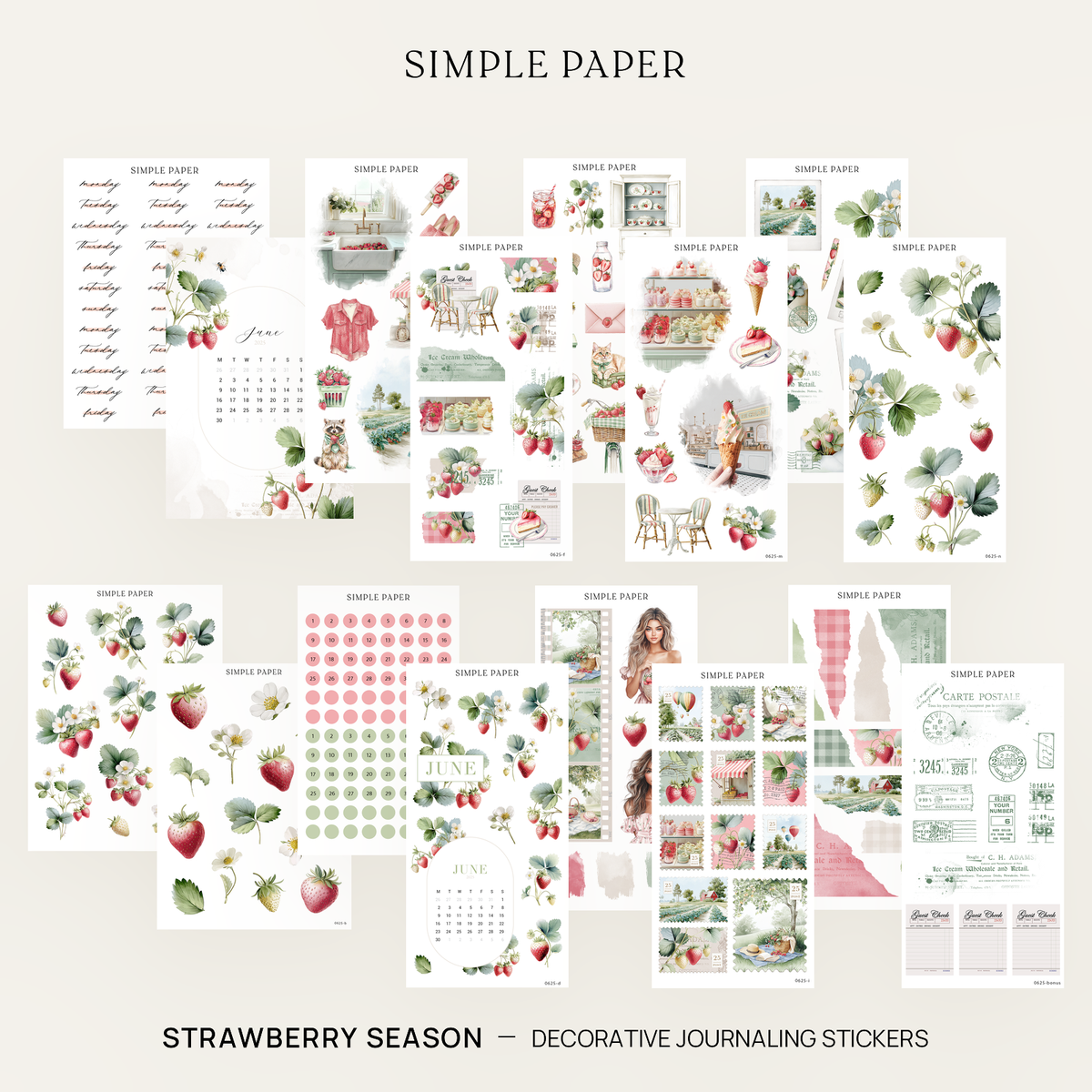 Strawberry Season full kit with strawberries, white blossoms, cafe desserts, gingham, picnic scenes and a June 2025 calendar