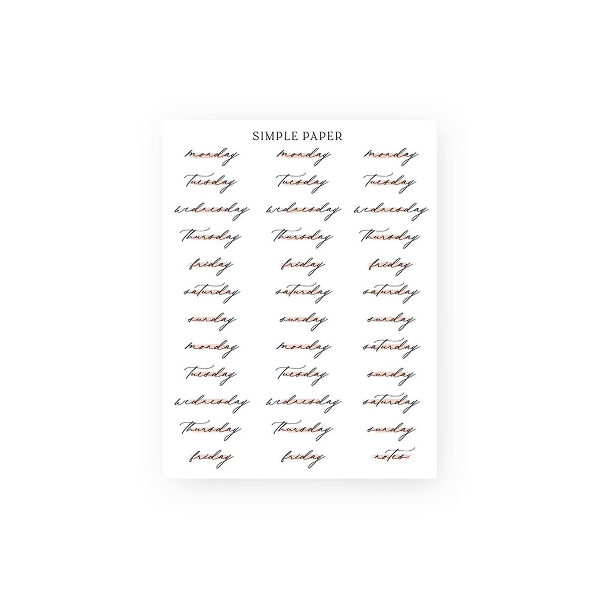Handwritten weekday stickers with soft underlines, ideal for planner headers or clean weekly layouts.