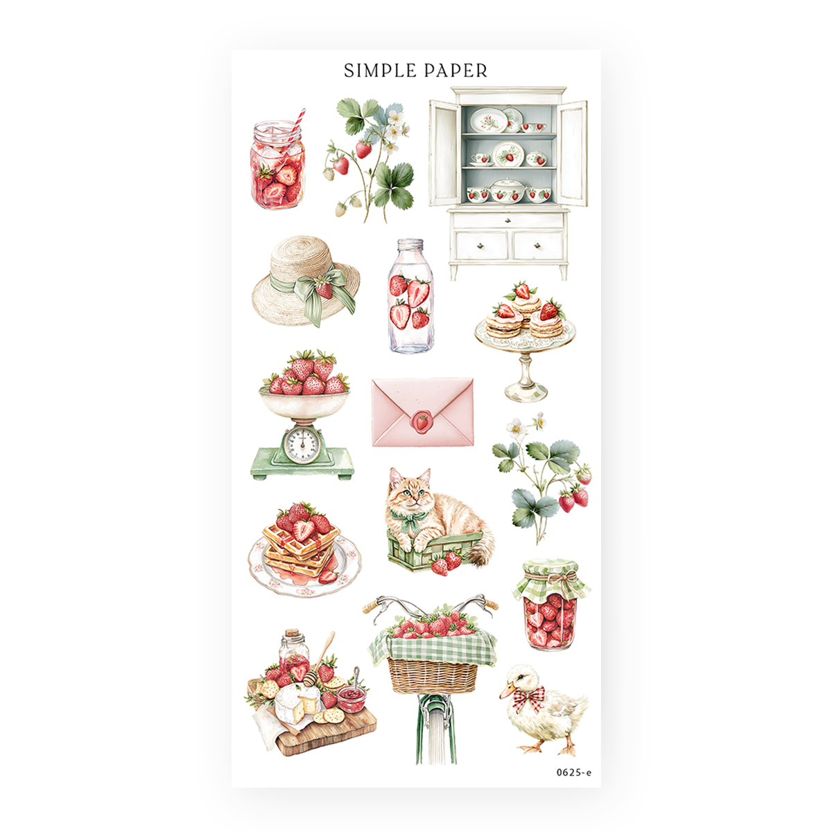 Strawberry jam jars, cottage kitchen dishes, hat, scale, cat, cheese board