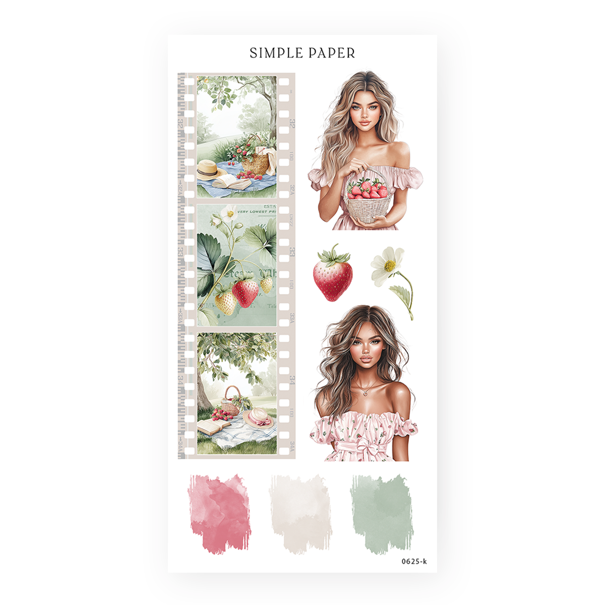 Strawberry portrait girls, picnic filmstrips, color swatches—stylish elements for layering or focal spreads.