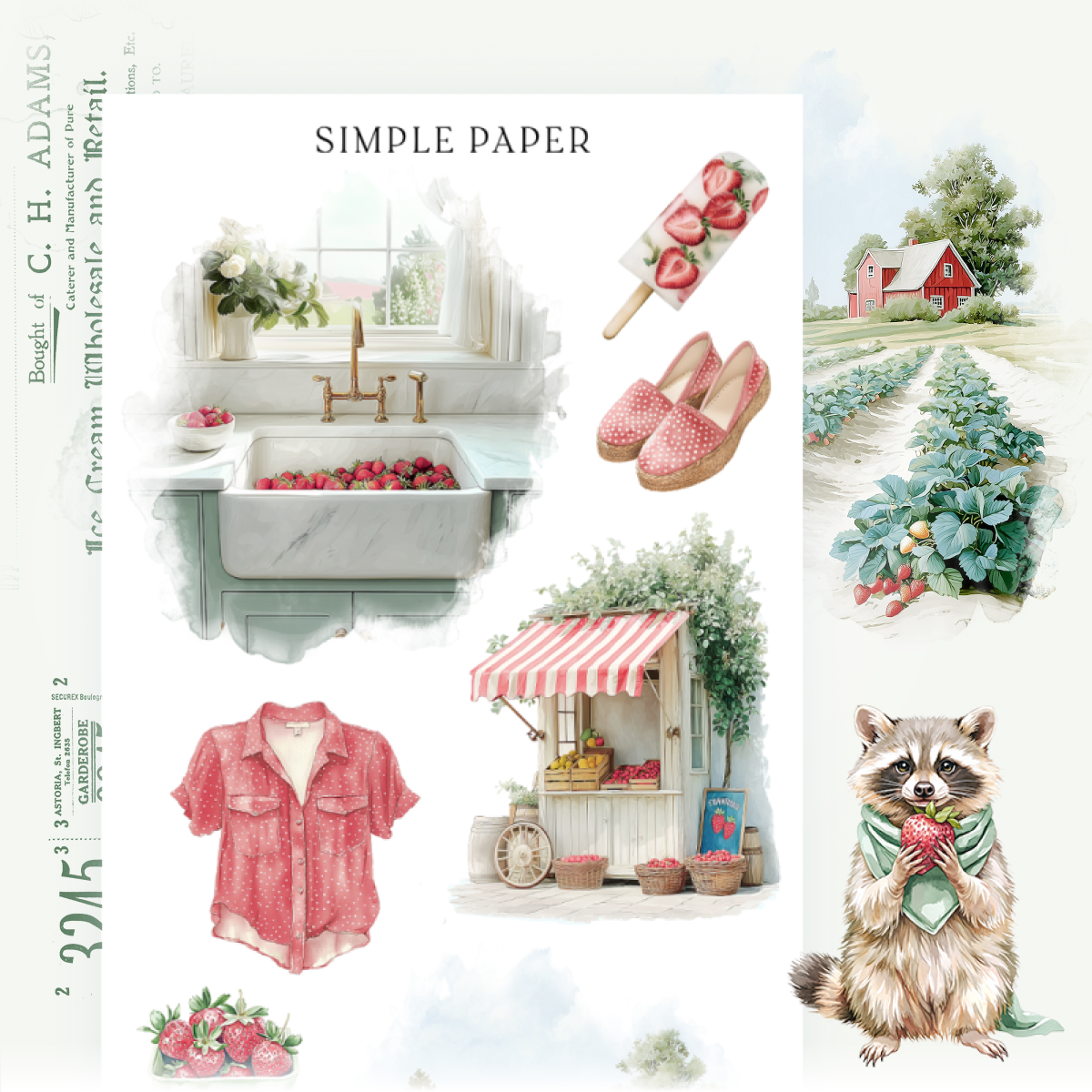 Close-up of red cottagecore shirt, raccoon with strawberry, farmhouse sink, and berry stand—great for character-rich journaling spreads