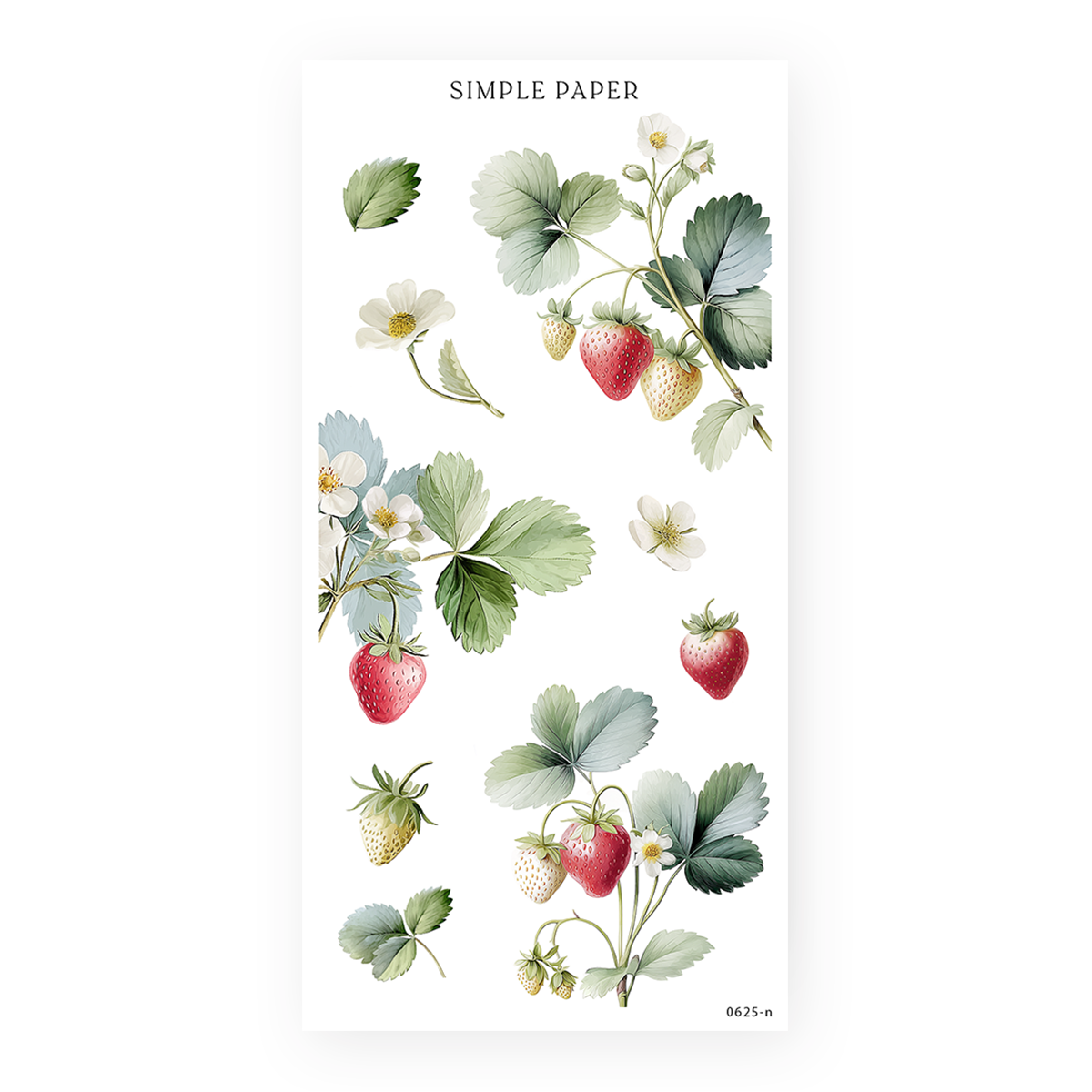 Ripe strawberry sprigs, soft green leaves, delicate white blossoms—perfect for layering in journaling spreads.