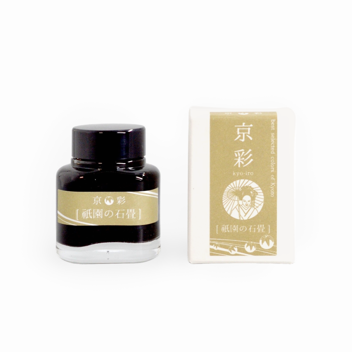 Tag Stationery Kyo-iro Ink Gion Ishidatami, bottle with its box on a white background